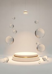 Minimalist presentation stage with floating glass spheres for product showcase elegance
