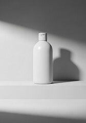 Minimalist Product Presentation: A White Bottle Against a Grayscale Shadow Backdrop