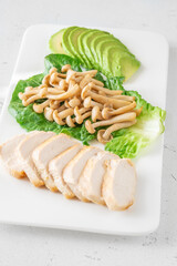 Avocado, mushrooms, and chicken presented as fresh minimalist healthy lifestyle plate