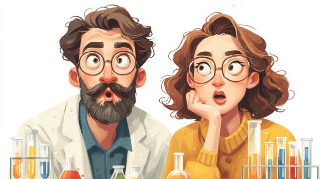 Excited man and woman in glasses conducting science experiments with test tubes and flasks filled with colorful liquids
