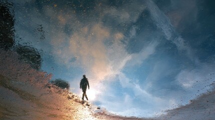 Obraz premium Silhouetted figure walking through a puddle reflecting a cloudy sky