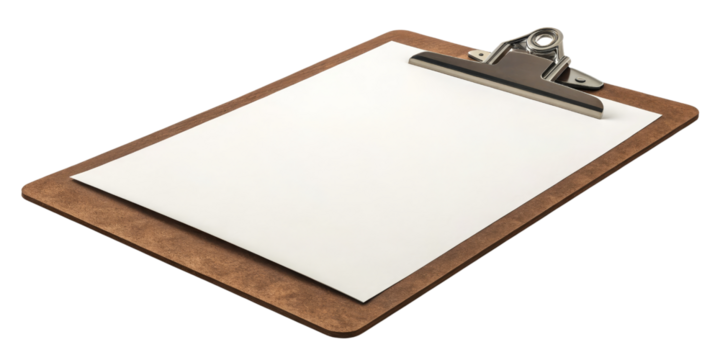 Wooden Clipboard with Blank Paper, Isolated on Transparent Background, Office Supplies, Mockup, clipboard, paper, stationery