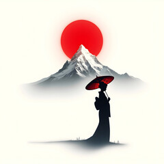 Silhouette of a Geisha with Red Umbrella, Mountain, and Sunrise