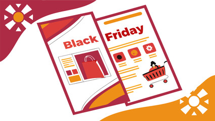 Two black friday promotional flyers with shopping bag and cart on a white background design view