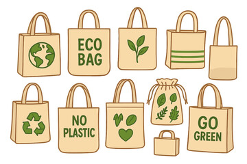 Eco-friendly grocery bags made of reusable paper, featuring hand-drawn doodles in black lines, promote a plastic bag free environment to combat global warming and support a green art concept in