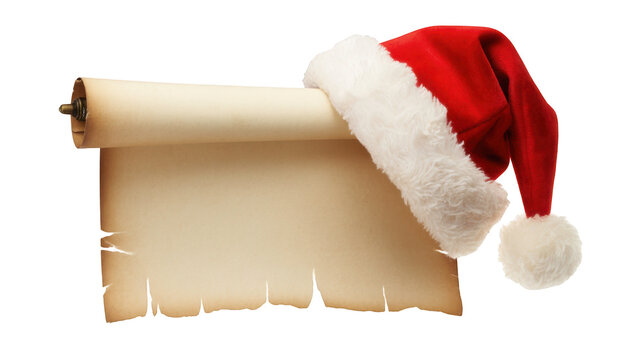 Santa hat resting on old scroll isolated on a transparent background christmas paper