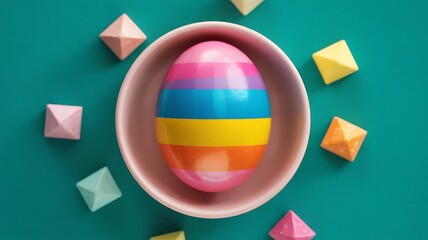 Overhead shot of a single oval shaped egg with rainbow stripes in a pink bowl surrounded by