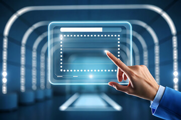 Hand touching glowing futuristic interface screen finger