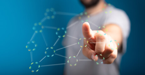 Person touching a network graphic.  Digital connection, technology concept.