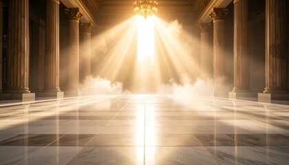Majestic classical hall with grand pillars and a polished marble floor, illuminated by ethereal, heavenly light rays shining from above.
