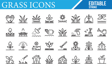 Editable Nature and Gardening Icons Featuring Flowers, Soil, and Watering Cans