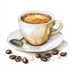 Watercolor white cup of coffee. Isolated on white background. Aromatic drink for design
