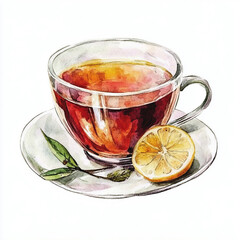 Watercolor glass cup of tea with lemon. Isolated on white background. Aromatic drink for design