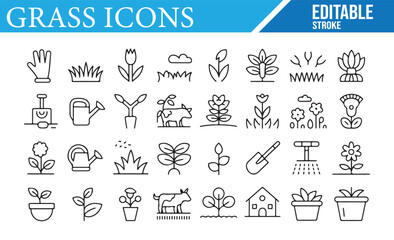 A collection of editable stroke icons representing grass, gardening, and plant themes, including flowers, watering cans, plants, gardening tools, cows, and houses, perfect for nature, farming, and gar