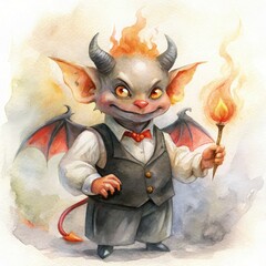 A mischievous imp with tiny red horns and bat-like wings, wearing a tiny black vest over his round belly. His fiery orange eyes gleam playfully, and his tail curls up behind him
