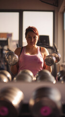 Young overweight woman lifting dumbbells in gym for strength training