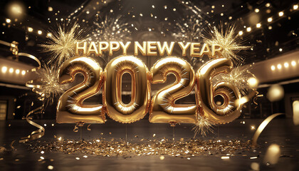 Gold Happy New Year 2026 message with decoration party. symbolizes the start of the new year
