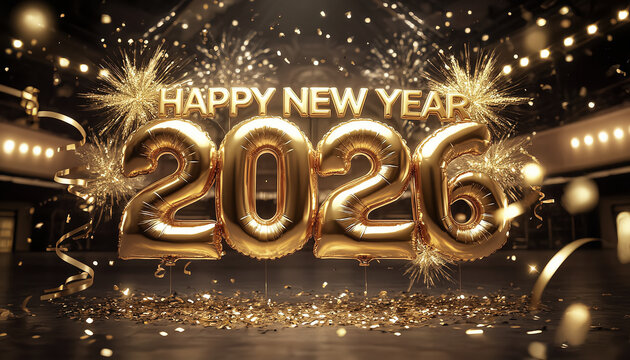 Gold Happy New Year 2026 message with decoration party. symbolizes the start of the new year