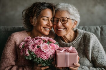 A loving mother and her happy daughter share a warm embrace, holding a vibrant pink flower bouquet and a thoughtful gift.