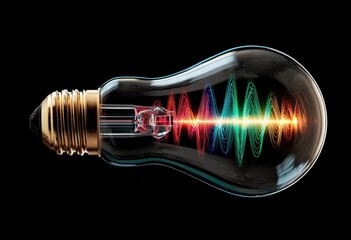 Illuminated lightbulb with colorful wave patterns