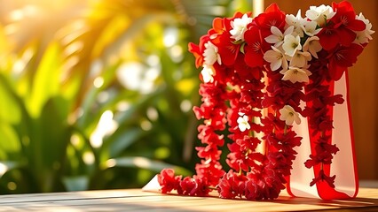Vibrant red-and-white floral garland on wooden surface, capturing Indonesia's festive Independence Day spirit.