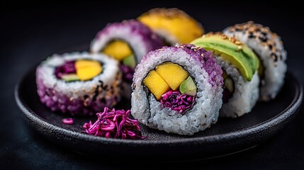   A close-up of a plate of sushi with avocado and other toppings on a black surface