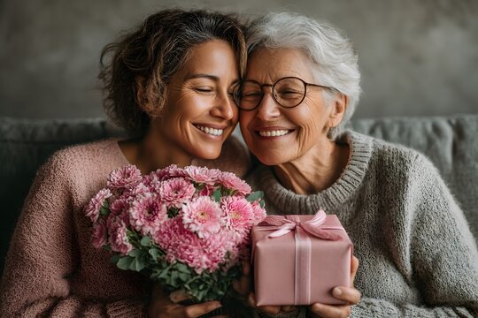 A loving mother and her happy daughter share a warm embrace, holding a vibrant pink flower bouquet and a thoughtful gift.