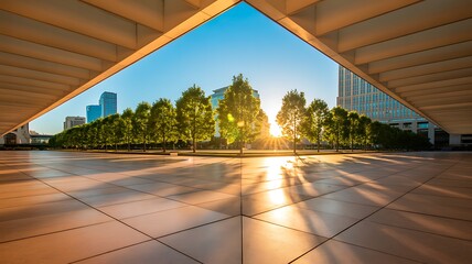 Cityscape with trees and sunburst through modern architecture