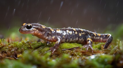 Fototapeta premium A salamander moves across vibrant moss as raindrops fall in a dense forest environment.
