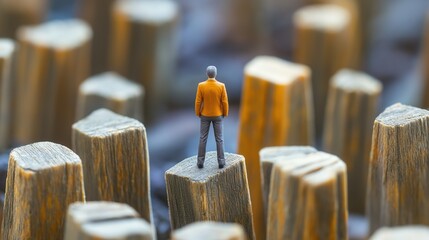Miniature man on a wooden pillar surrounded by others, symbolizing challenge or solitude