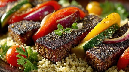  A platter featuring meat and vegetables atop couscous