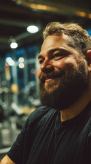 Smiling plus size man in gym after workout session