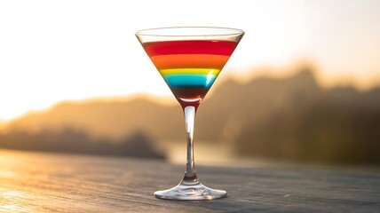 Rainbow layered cocktail in martini glass at sunset