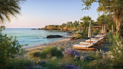 Luxury beach club in Sicily with white sun loungers under palm trees at sunset, clear blue sky, golden light, lush vegetation, scenic cliffs, and tranquil seashore viewed on a bright sunny summer day