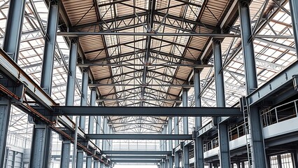 Obraz premium Abstract industrial steel beams create striking patterns in natural construction lighting.