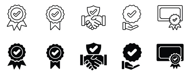 Vector icon set of quality certificates with check mark symbols. Represents verified, approved, and compliant product standards.