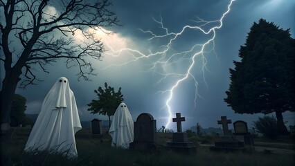 Two mysterious sheet ghosts stand silently in a spooky old graveyard under a dark stormy night sky with bright lightning strikes illuminating the eerie scene.