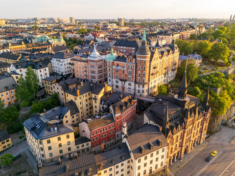 Famous hill of Stockholm, Sweden, on S&ouml;dermalm district, near S&ouml;der M&auml;larstrand street, at sunset in summer with the Maria hill (Mariaberget). Montelius road and historical buildings.