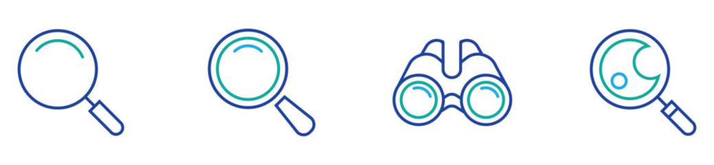 Search and Exploration Icons Collection. Magnifying glass, binoculars, telescope, eyewear discovery symbols. Vector set.
