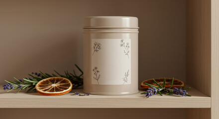 Elegant herbal tea container with dried orange slices and lavender on wooden shelf