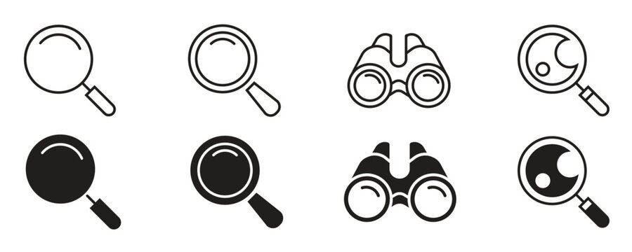 Search icon set in thin line style. Magnifying glass symbols with editable stroke. Vector illustration.