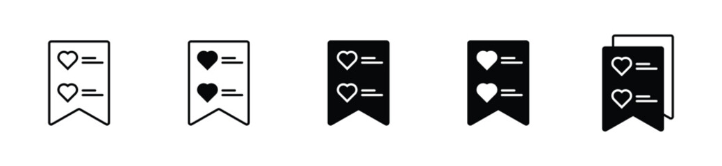 Vector symbols including liked heart, love mark, memo list, and bookmark save icons for product selection and online shopping interface.