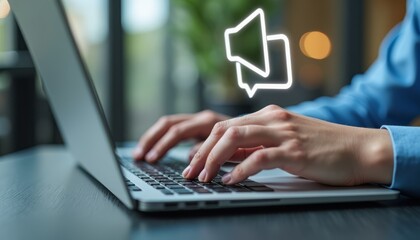 Hands Typing on Laptop with Sound Waves Communication Concept
