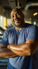Overweight man poses confidently in the gym with crossed arms

