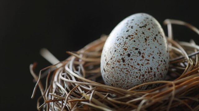 Spotted egg nestled in a rustic nest