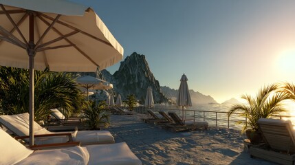 Luxury beach club in Sicily with white sun loungers under palm trees at sunset, clear blue sky, golden light, lush vegetation, scenic cliffs, and tranquil seashore viewed on a bright sunny summer day