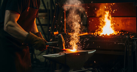 Flames roar behind him as the blacksmith delivers powerful strikes on glowing iron, creating sparks that light up the dark, rugged forge.