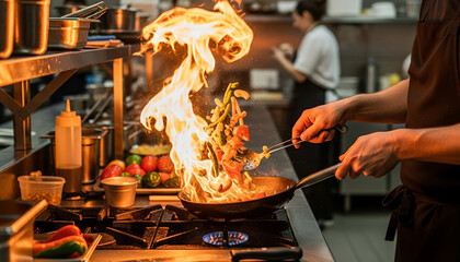 Flames leap from the skillet as a chef flips sizzling vegetables with finesse, showcasing fiery cooking skills in the heart of a stainless steel kitchen.