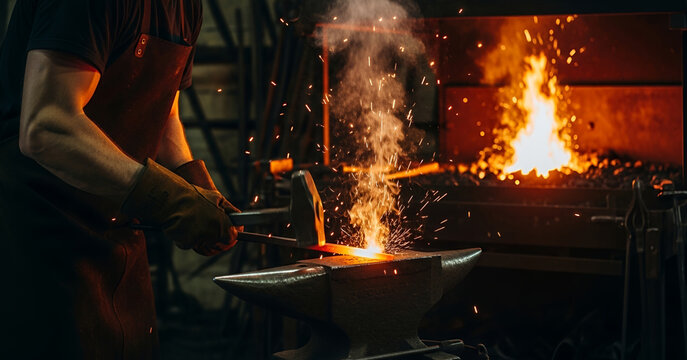 Flames roar behind him as the blacksmith delivers powerful strikes on glowing iron, creating sparks that light up the dark, rugged forge. - Powered by Adobe