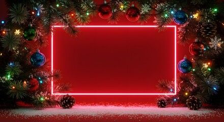 Christmas neon frame with snowflakes, baubles, garland, and fir tree twigs on red background